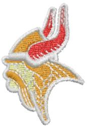 Bold Viking head with vibrant red horns and distinct facial features, featuring colorful yellow and orange shading.