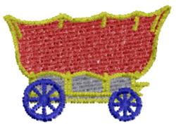 Playful wagon in vibrant red with yellow trim and blue wheels, featuring cheerful applique details.