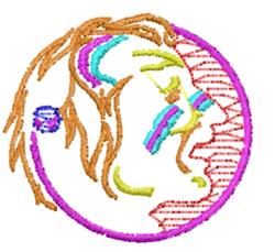Colorful warrior head profile with flowing hair in a circular outline, showcasing vibrant shades of orange and teal.