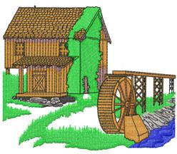 Rustic watermill building with a large water wheel, earthy tones, green grass, and a bridge in a serene landscape.