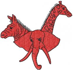 Colorful applique design featuring a zebra, giraffe, and elephant with bold details and playful expressions.