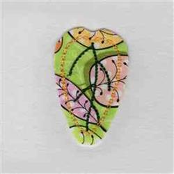 Abstract leaf shape with vibrant pink and orange patterns on a green background, outlined in black, ideal for quilting.