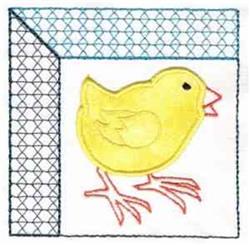 Applique yellow chick with a red stitched outline, set against a white background and framed by a blue geometric design for E