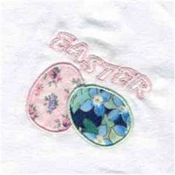 Applique Easter eggs in playful colors: a pink egg with floral patterns and a blue egg with vibrant flowers.