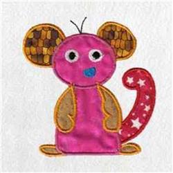 Applique monkey with a pink body, brown ears, and a star-patterned tail, perfect for children's items.