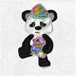 Applique panda holding a colorful egg, wearing a festive hat; playful and cartoonish for Easter.