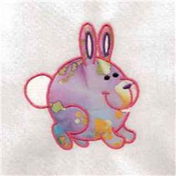 Applique rabbit with colorful patches and glossy finish, featuring long ears and a cheerful smile for Easter.
