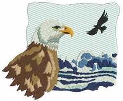 Realistic bald eagle soaring with intricate feather details over stylized ocean waves and a textured sky.