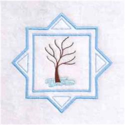 Minimalist design of a bare tree with slender branches in a light blue geometric frame.