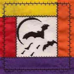 Playful bat silhouette on colorful patchwork with crescent moon and birds, perfect for Halloween.