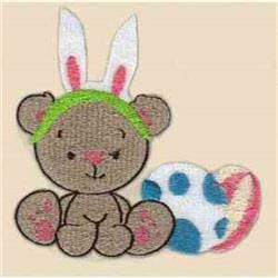 Playful bear with bunny ears and green headband beside a colorful polka-dotted Easter egg. Ideal for Easter-themed decor.