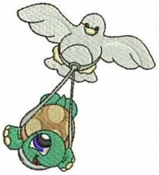 Cartoon bird pulling a green and brown turtle with a string. Whimsical and playful design for embroidery.