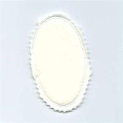 Blank oval embroidery patch with a smooth white surface and satin edge, showcasing a minimalistic design.