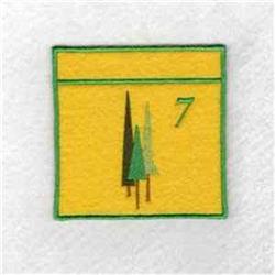 Block pattern with trees featuring a bright yellow background, green outline, and number 7 in a minimalist style.