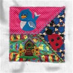 Bright bluebird against pink polka dots, featuring a playful ladybug on vibrant blue, whimsical patchwork.