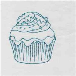 Bluework Cupcake - 5x7 cupcake redwork machine embroidery design for kitchen tea towels