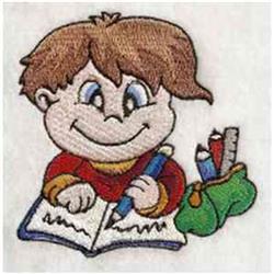 Cheerful boy studying in red and yellow, writing in a bright notebook with a green pencil case nearby.
