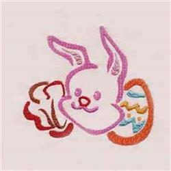 Playful bunny with large ears and joyful expression, surrounded by colorful Easter egg and candy.