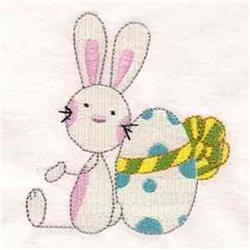 Cute bunny in pastel pink and white sitting next to a blue polka dot Easter egg with a yellow bow, perfect for Easter.