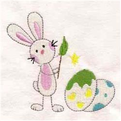 Whimsical bunny with pink accents holds a green leaf beside a colorful split Easter egg, perfect for spring celebrations.