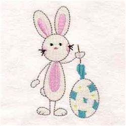 Playful bunny with pink ears holding a blue Easter egg with colorful patches, perfect for cheerful holiday designs.