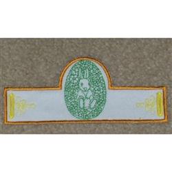 Whimsical bunny nestled in an oval shape with a green outline, decorated for Easter with cheerful yellow accents.