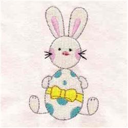 Cute bunny with blue polka dots and a yellow bow on a light pink background, perfect for Easter. Ideal for kids.