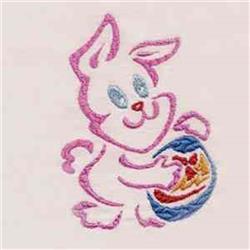 Cute pink bunny with blue eyes holding a vibrant Easter egg, designed for playful springtime decor.