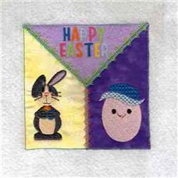Playful bunny and smiling egg on a pastel patchwork background, with 'HAPPY EASTER' text, perfect for Easter quilting.