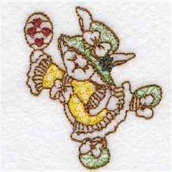Playful bunny in a yellow dress, wearing a green hat with flowers, holding a decorated egg for Easter.