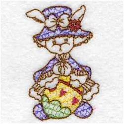 Cute bunny with a fluffy tail and a purple hat, holding a colorful egg for a whimsical Easter design.