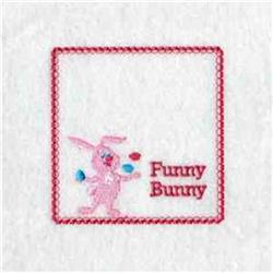 Playful pink bunny tossing blue eggs within a square frame, featuring 'Funny Bunny' text, perfect for Easter.