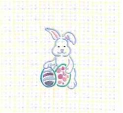 Cartoon bunny with light purple accents holds decorated Easter eggs in pastel colors, celebrating spring.