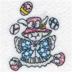 Cheerful bunny in a pink hat and vibrant dress juggling colorful Easter eggs, perfect for festive embroidery.