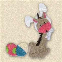 Cute bunny with pink face and large white ears beside colorful Easter eggs in a playful, festive design.