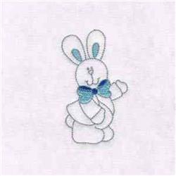Cute white bunny with a blue bow and smiling face, perfect for Easter celebrations.
