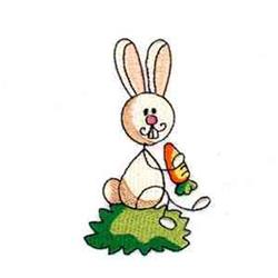 Playful bunny rabbit with large ears and a cheerful expression, holding a carrot on green grass for Easter.