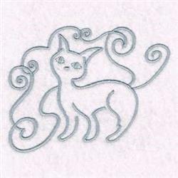 Whimsical line art cat outlined in a soft shade with swirls, ideal for quilting and crafts.