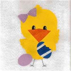 Whimsical yellow chick with a pink bow, holding a blue striped Easter egg, perfect for festive decorations.