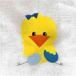 Playful yellow chick with a blue bow beside a light blue egg, perfect for festive Easter projects.