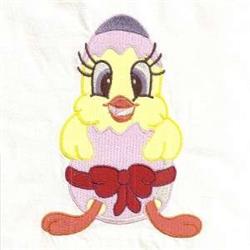 Playful cartoon chick with a yellow body, purple eggshell cap, and red bow for a vibrant Easter theme.