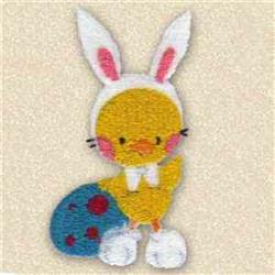 Playful yellow chick with white bunny ears holds blue Easter egg with red spots, perfect for festive decorations.