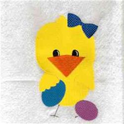 Cheerful yellow chick with blue bow, holding colorful eggs, on a festive white background for Easter.