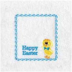 Cheerful yellow chick in applique style with bright blue 'Happy Easter' text in a stitched square frame.