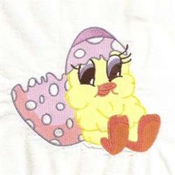 Playful yellow chick with large eyes, emerging from a purple polka dot eggshell, perfect for Easter themes.