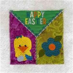 Colorful chick with orange beak, blue flower, and 'HAPPY EASTER' text, ideal for cheerful springtime decor.