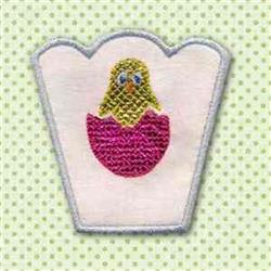 Playful chick peeking from pink eggshell, colorful design, perfect for Easter festivities.