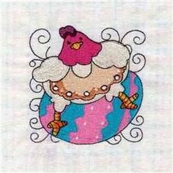 Playful pink chicken perched on a vibrant Easter egg with blue and pink swirls, perfect for festive quilting.