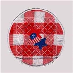 Circular quilted patch with vibrant red plaid, blue star, and striped hat, ideal for patriotic holidays.