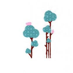 Playful cloud-like trees with fluffy blue tops, slender brown trunks, and charming pink accents.